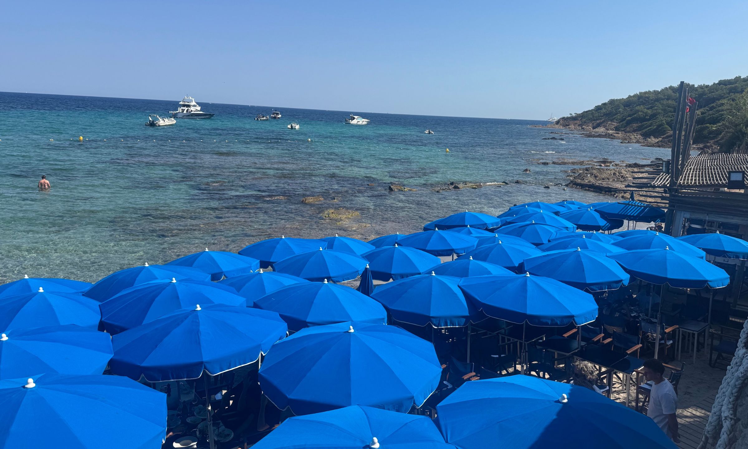 Blue umbrellas at Plage des Salins beach in Saint - Tropez .